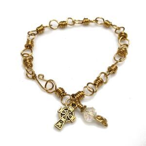 Handmade Wire Wrapped Bracelet, Celtic Cross Charm